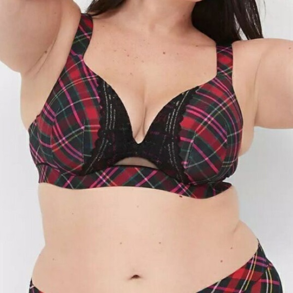 EUC! Cacique Comfort Bliss Plaid Lightly Lined Plunge Underwire Bra size 40DDD